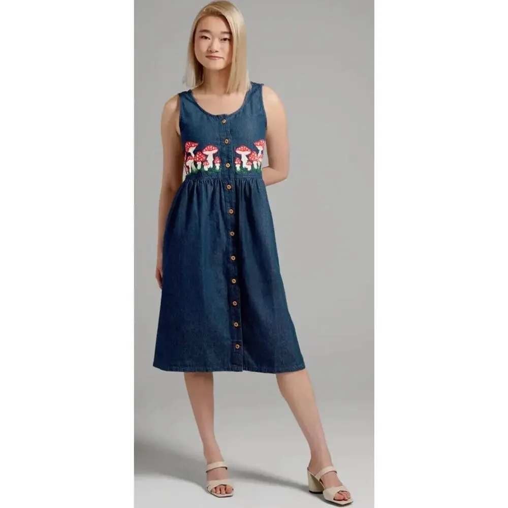 Dangerfield Mushroom Embroidered Denim Button Midi Dress Size Medium Size 12
